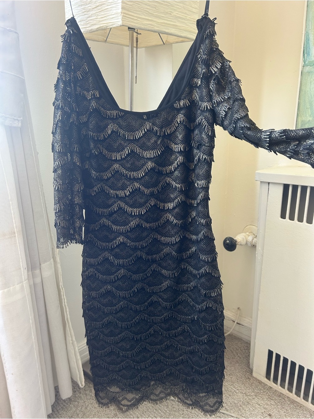 GUESS Black Beaded Fringe Scallop Midi Dress